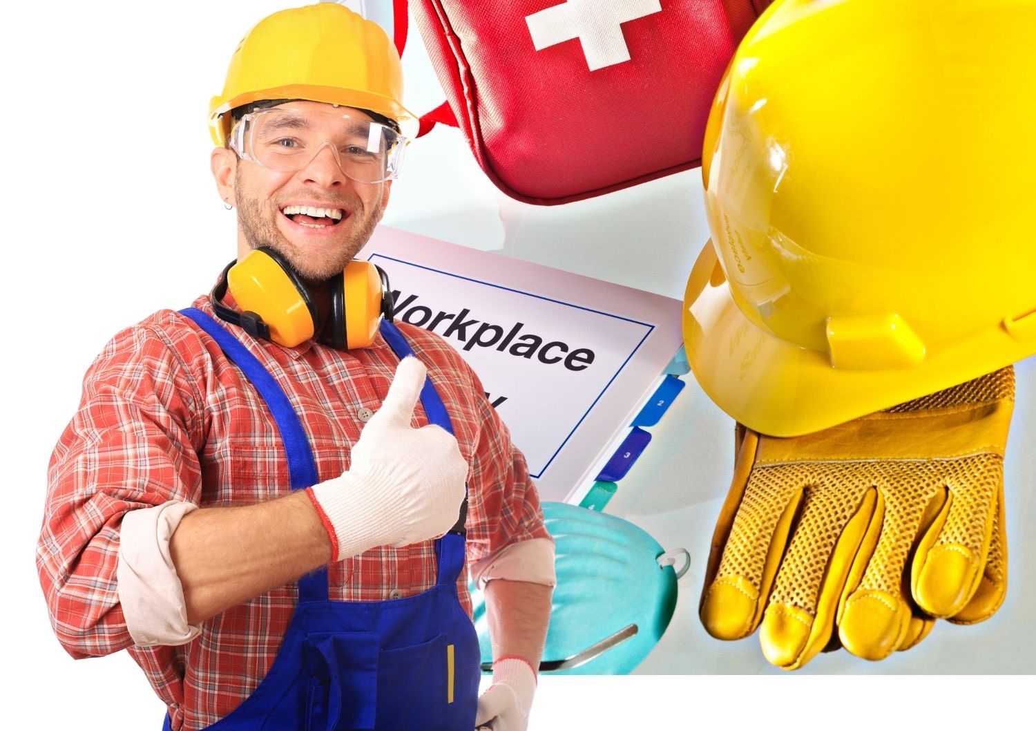 Personal protective equipment laid out: a safety harness, a hi-vis vest, a face shield and work gloves